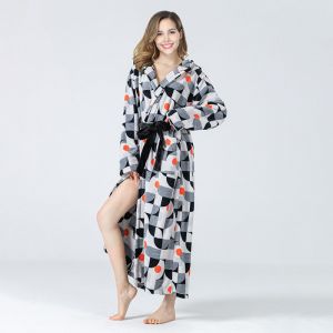 Cross-border new design, tie-up hood, can , geometric patternbe worn outside, extended style, women's pajama bathrobe
